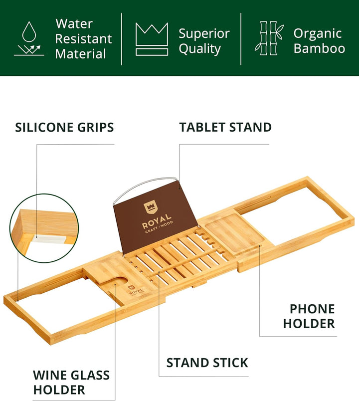 Premium Foldable Bathtub Tray Caddy - Wood Bath Tray for Tub, Bamboo Shelf, Expandable Bath Table Trays, Bathtub & Bathroom Accessories for New Home & Mothers, Birthday Gifts for Mom