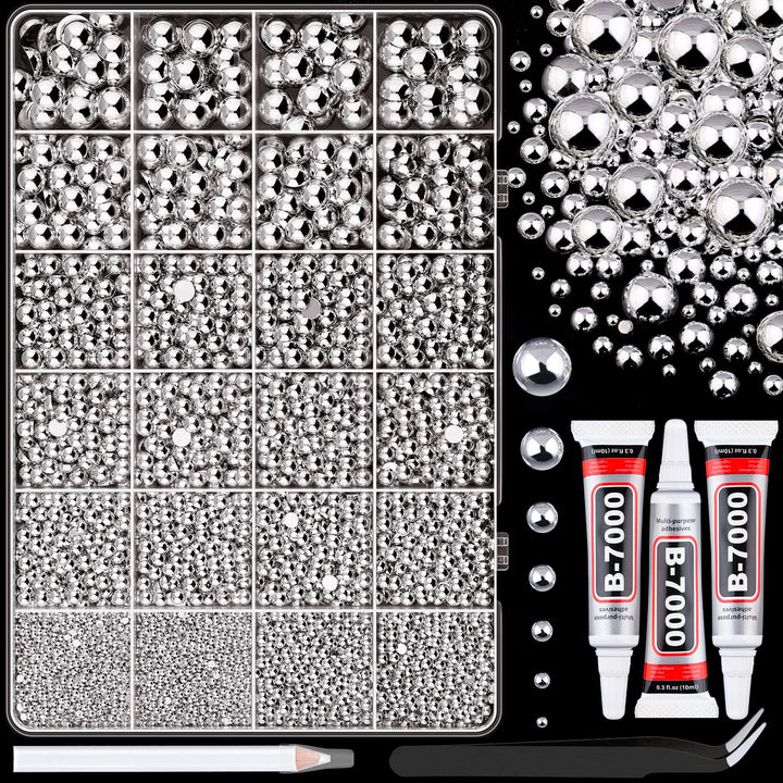 13000Pcs Flatback Pearls for Crafting (White), Assorted Size 2/3/4/5/6/8/10Mm Half Pearl Bead Gems with 3Pcs 10Ml B7000 Jewelry Glue, Bedazzling Kit for Crafts Shoes Graduation Cap Nail Art