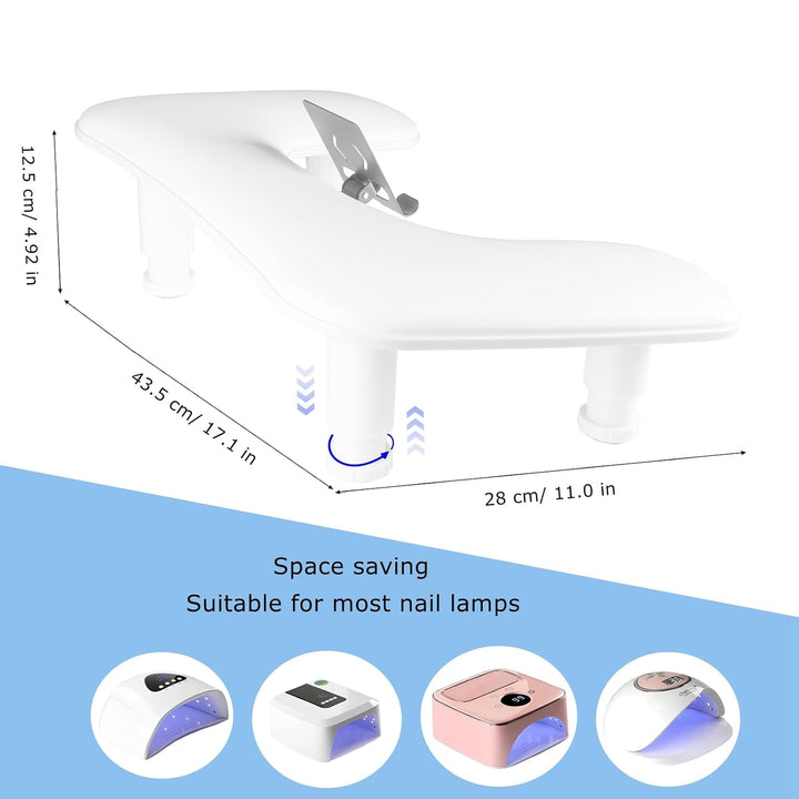 Manicure Arm Rest with Rotating Phone Holder for Nails Tech, U - Shaped Adjustable Nail Hand Rest Stand PU Leather (White)