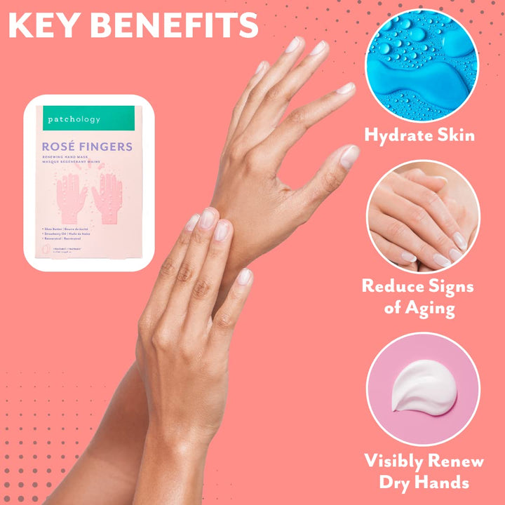 Rosé Fingers Renewing Hand Mask - Strawberry-Scented Moisturizing Gloves with Shea Butter for Dry & Cracked Hands, Repairing Hand Treatment for Baby Soft Skin, Self-Care Essential - 1 Pair