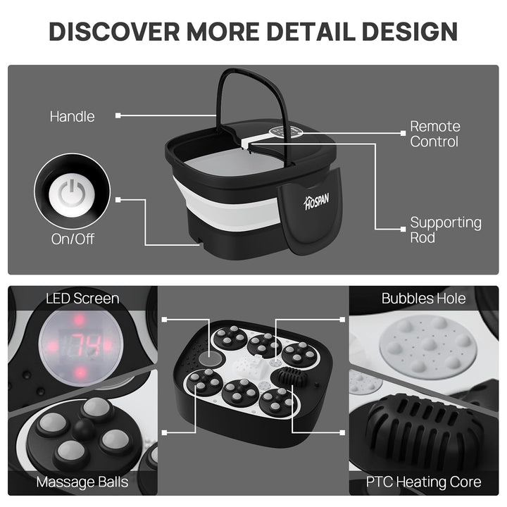Collapsible Foot Spa Electric Rotary Massage, Foot Bath with Heat, Bubble, Remote, and 24 Motorized Shiatsu Massage Balls. Pedicure Foot Spa for Feet Stress Relief - FS02A