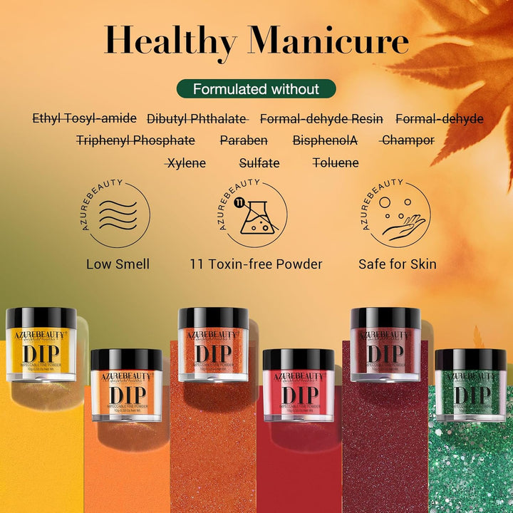 Fall Dip Powder Nail Set Yellow Orange Gold Red Shimmery Green Glitter 6 Colors Dipping Powder Starter Kit French Nail Art Manicure DIY Salon, No Need Nail Lamp Cured
