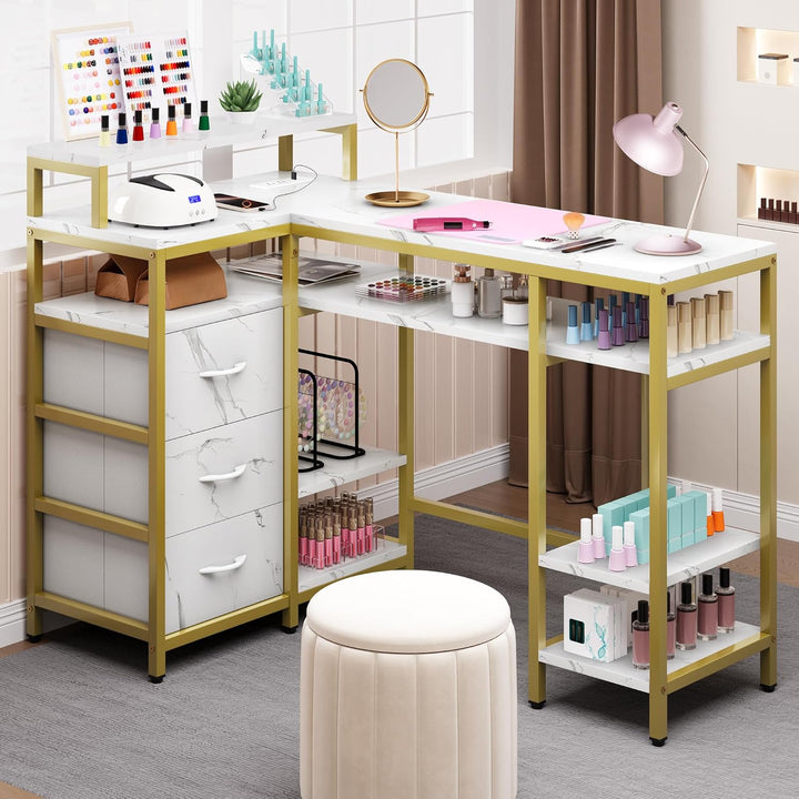 L Shape Nail Desk for Nail Tech - Spacious Manicure Table with Built-In Charging Station, Marbling Texture Manicure Station for Home, Beauty Salon Spa