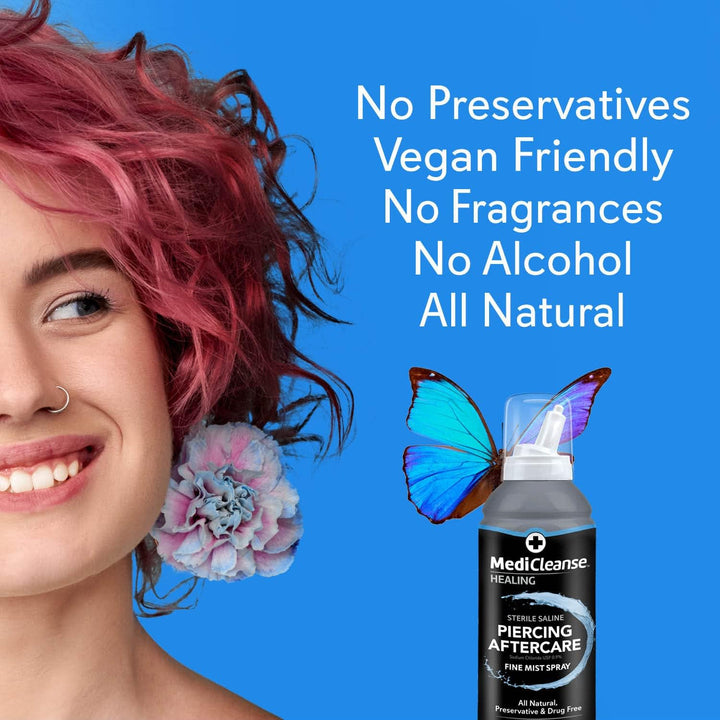 Sterile Saline Piercing Aftercare Fine Mist Spray, 7.5 Ounce, All Natural, No Alcohol, Vegan Friendly, for Piercings and Tattoos, Made in USA, Pack of 2
