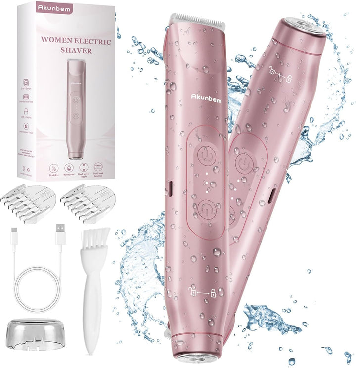 Women Electric Shaver Dual Head Bikini Trimmer for Women IPX7 Waterproof Wet & Dry Use Body Hair Trimmer and Facial Hair Remover for Bikini Underarm Leg Arm Body Face (Pink)