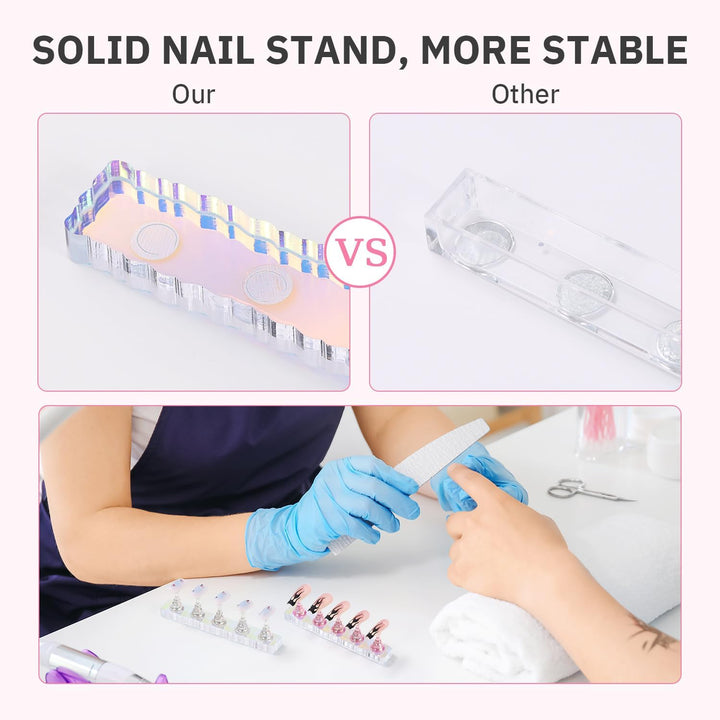 2 Set Nail Holder for Display Painting Nails - Aurora Acrylic Magnetic Practice Nail Stand Set - Fake Nail Holder for Press on Nails with Reusable Adhesive Putty (Aurora Pink)