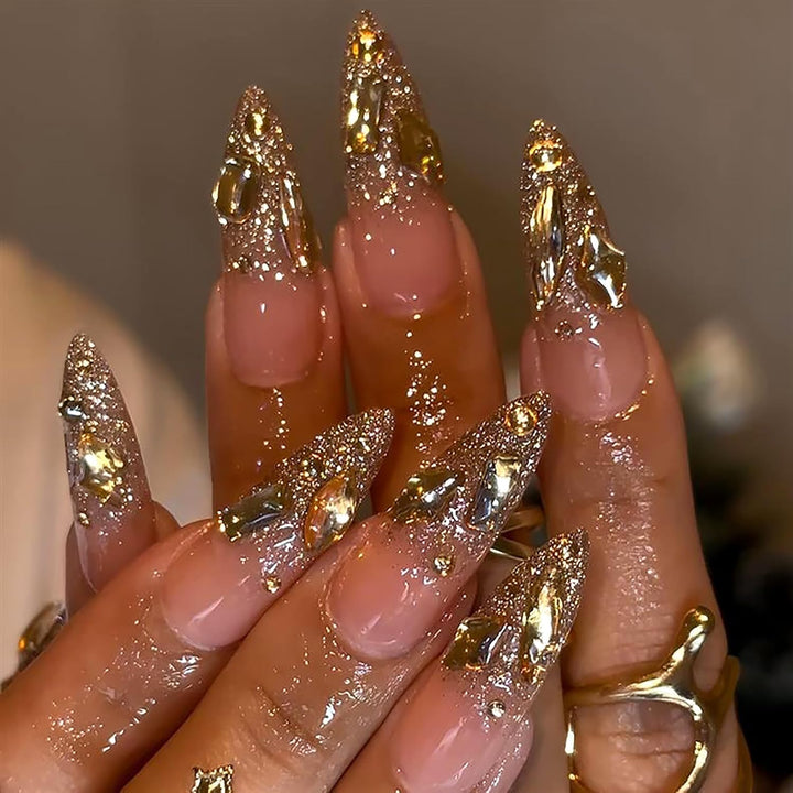 Medium Almond 3D Brown Gold Flower Press on Nails-‎ Tortoiseshell Leopard French Tip Blossom Gradient Design,24Pcs Handmade Fall/Autumn/New Year Glue on Acrylic Fake Nail Press Ons for Women