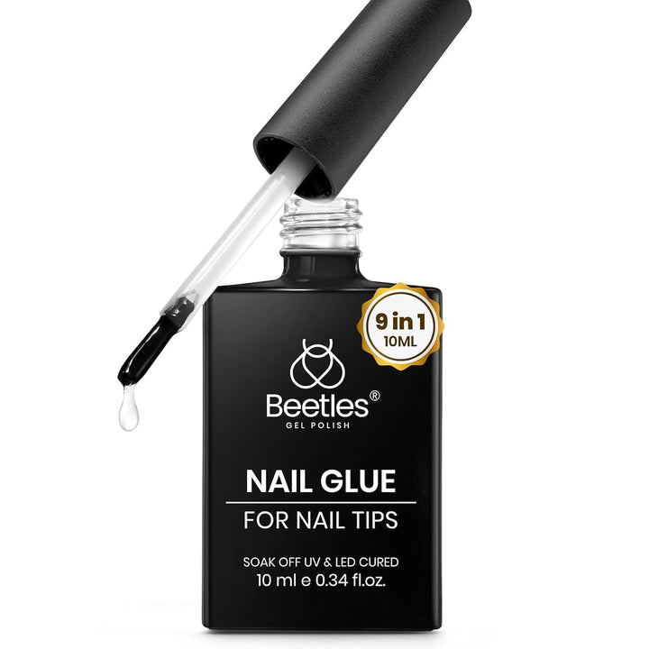 Beetles 9 in 1 Gel Nail Glue for Acrylic Nails Tips, 2 Pcs 10Ml Super Strong Nail Glue for Clear False Nails Tips Base Coat Rhinestones Blooming Art Christmas Nails Long Lasting U V Light Cure