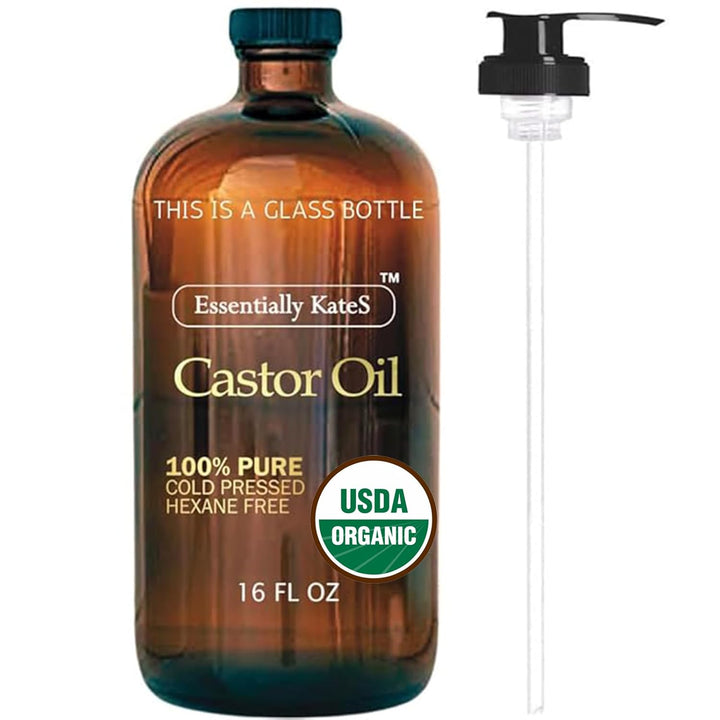 Castor Oil 16 Fl Oz (Glass Bottle) - Original - a Huge Glass Bottle with a Pump - 100% Pure and Natural, Cold Pressed, and Hexane-Free - Hair and Body