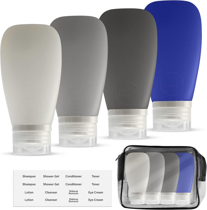 Travel Bottles for Toiletries, TSA Approved 3Oz (90Ml) Leak Proof Silicone Refillable Squeeze Travel Size Containers BPA Free for Cleansers, Lotions, Shampoo 3-Pk (Black-Gray-White)