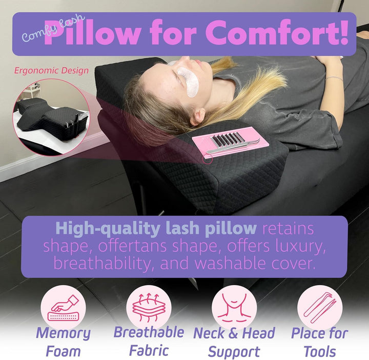 Lash Pillow for Eyelash Extensions - Curved Memory Foam Bed Pillow, Ergonomic Head Rest with Neck Support, Side Pockets for Tools, Fits Lash Beds for Tech – Black