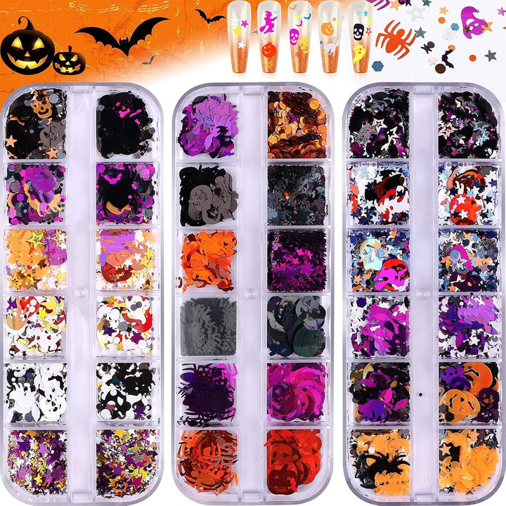 3 Boxes Halloween Nail Art Glitter Sequins, 3D Holographic Skull Spider Pumpkin Bat Ghost Witch Halloween Confetti Glitter for DIY Nail Art Halloween Party, Multicolor
