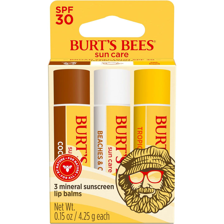 Burt’S Bees SPF 30 Lip Balm, Island Getaway - Coco Loco, Beaches & Cream, Tropic like It'S Hot, Water-Resistant Sun Care, Natural Origin Lip Treatment, 3 Tubes, 0.15 Oz