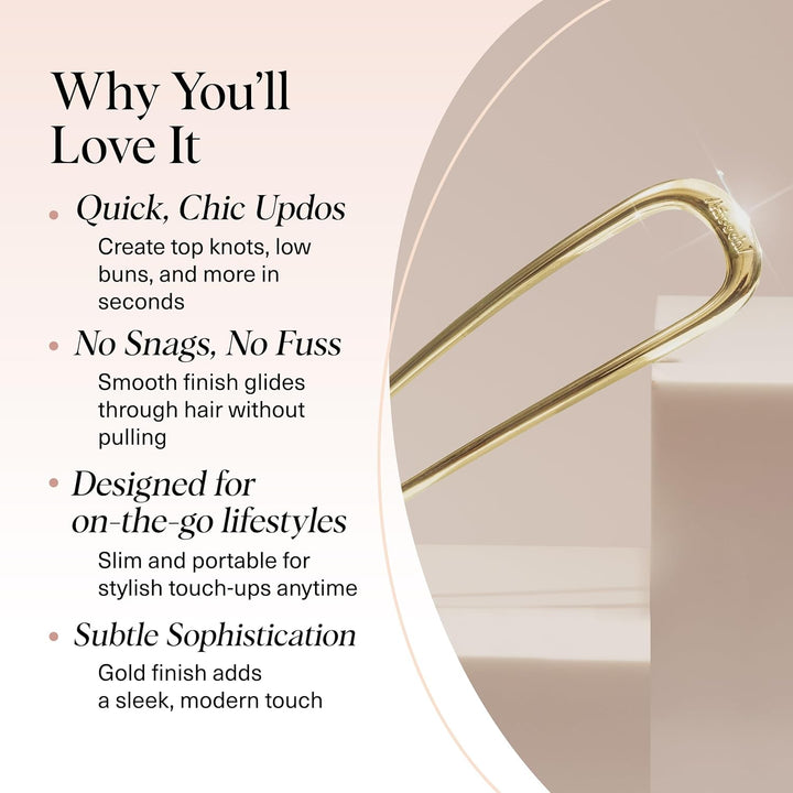 French Hair Pins for Women – Elegant & Durable Metal Hair Fork for Updos, Chignon, Bun & Twist Hairstyles, Secure Hold All Day, Comfortable Fit | Ideal Gifts for Women- Gold, 1Pc