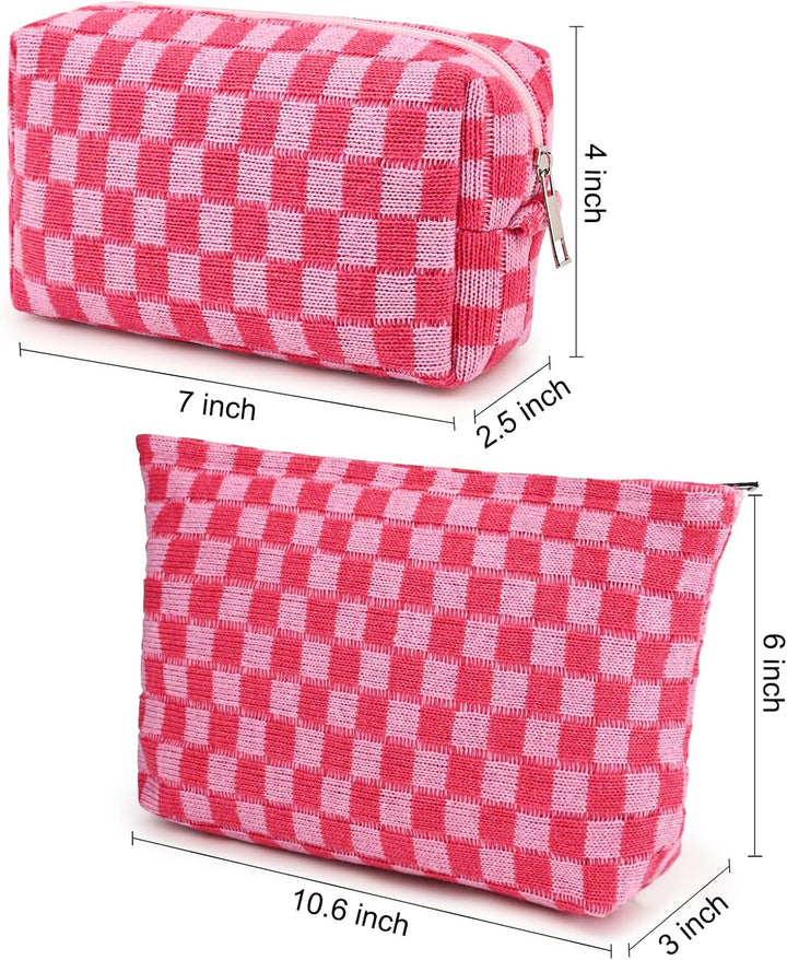 2 Pieces Makeup Bag Large Checkered Cosmetic Bag Capacity Canvas Mix Travel Toiletry Bag Organizer Cute Makeup Brushes Aesthetic Accessories Storage Bag for Women, Checkered Mix Rose Red