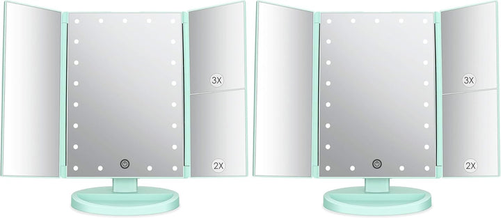 Dresser Mount Tri-Fold Lighted Vanity Mirror with 21 LED Lights, Touch Screen and 3X/2X/1X Magnification, Two Power Supply Modes Make up Mirror,Travel Mirror