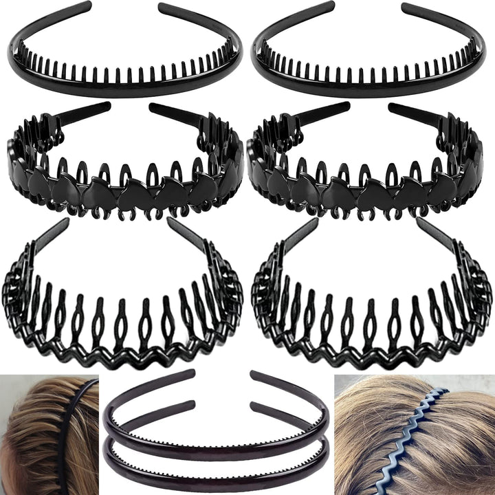 8 PCS Fashion No Slip Effortless Plastic Headbands with Teeth Comb Black Skinny Hair Accessories Bands for Women Men Teen Girls, Matte Black