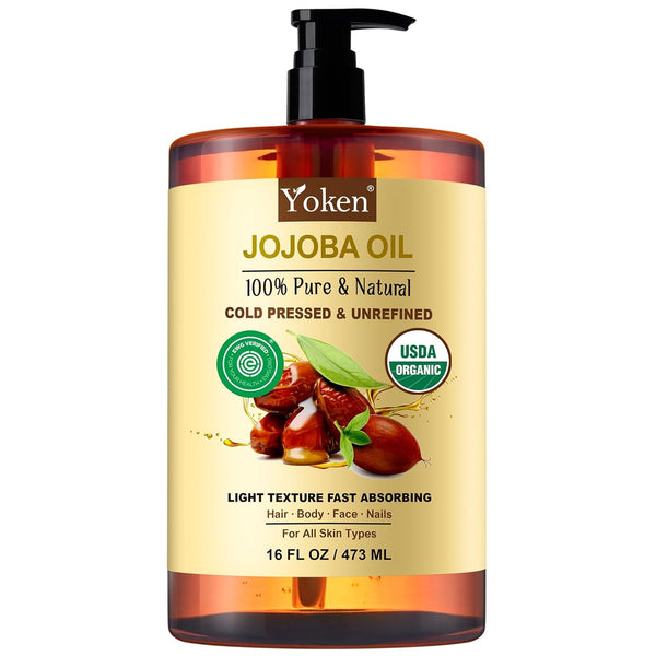 Pure Jojoba Oil Organic USDA Certified 16 Fl Oz, 100% Natural Jojoba Oil for Hair, Skin & Face, Cold Pressed Unrefined, Deeply Moisturizing Body Carrier Oils for Essential Oils Mixing