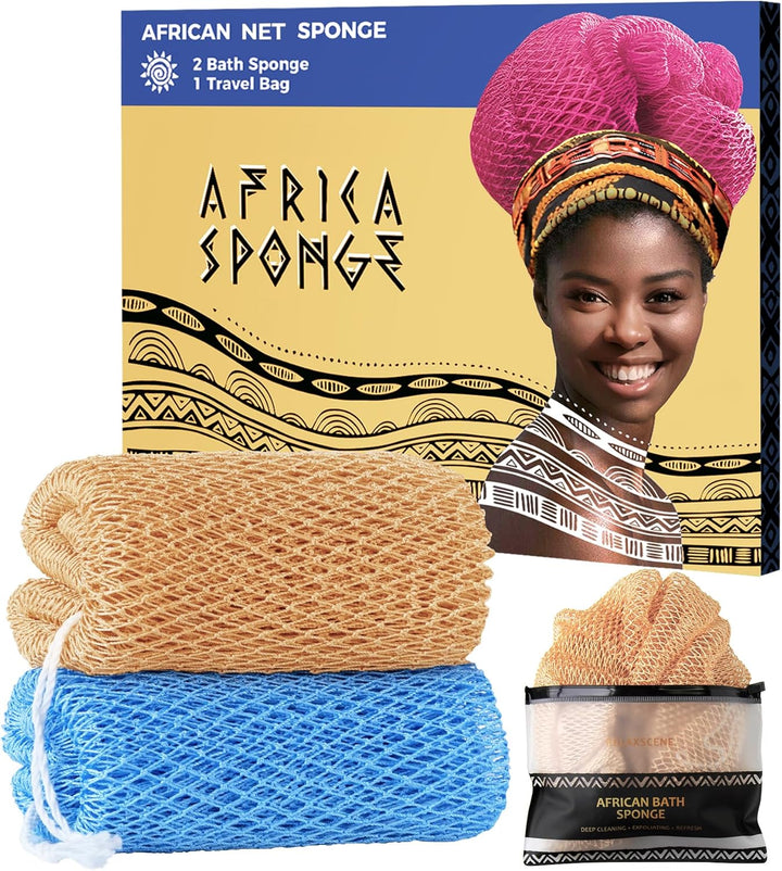 African Net Sponge Authentic - 2 Pieces Loofah Exfoliating Body Scrubber Bath Sponge - Back Scrubber Washcloth for Shower - Real African Scrub Exfoliator Body Care Bathing Accessories for Women