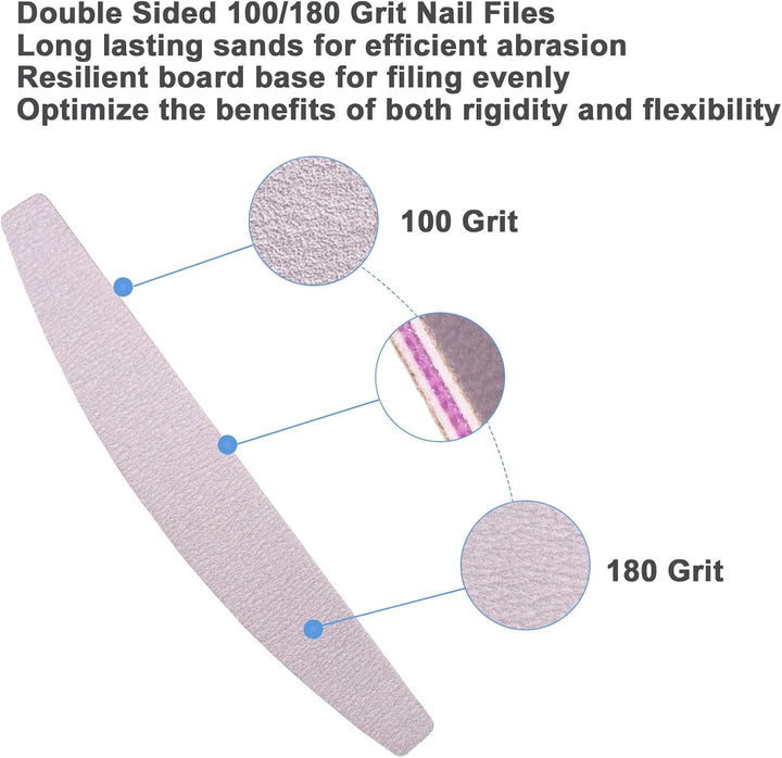 Nail File and Buffer (10 Pcs), Buffer Block Nail Files Double Sided 100/180 Grit for Acrylic and Natural Nails, Fingernail Emery Board Buffing Blocks Manicure Set Nail Care Kit Tool Halfmoon Arc