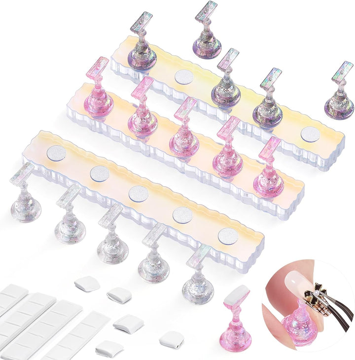 2 Set Nail Holder for Display Painting Nails - Aurora Acrylic Magnetic Practice Nail Stand Set - Fake Nail Holder for Press on Nails with Reusable Adhesive Putty (Aurora Pink)