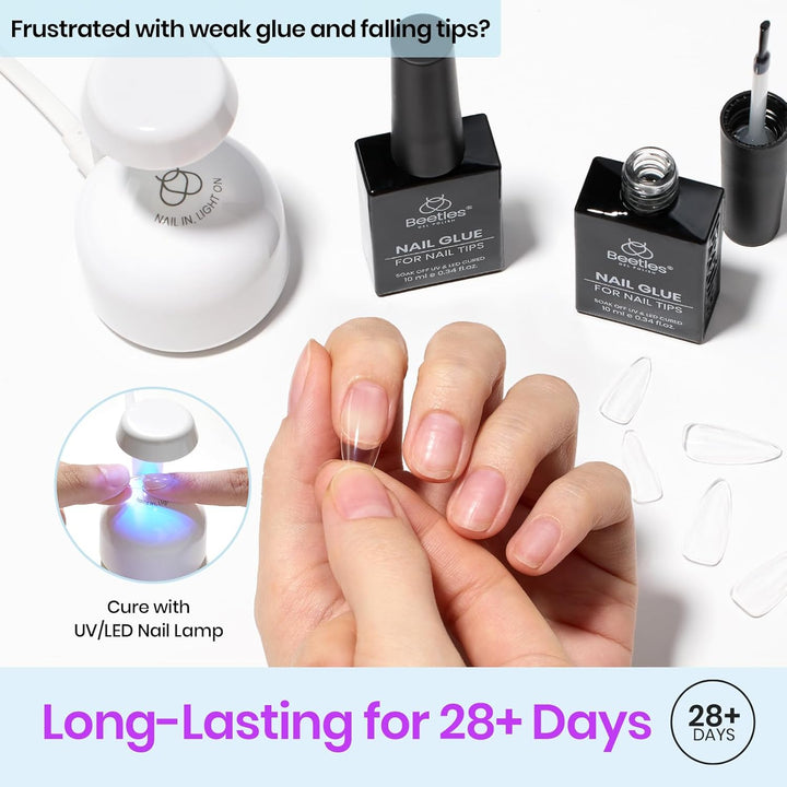 Beetles 9 in 1 Gel Nail Glue for Acrylic Nails Tips, 2 Pcs 10Ml Super Strong Nail Glue for Clear False Nails Tips Base Coat Rhinestones Blooming Art Christmas Nails Long Lasting U V Light Cure