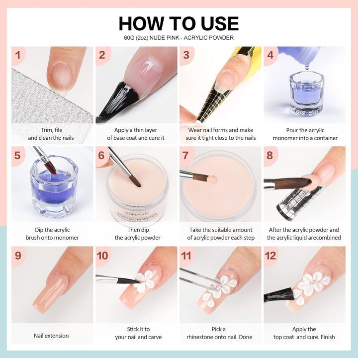 Acrylic Nail Powder Set: 4 Colors Clear Nude Pink White Acrylic Powder for Nail Extension Carving