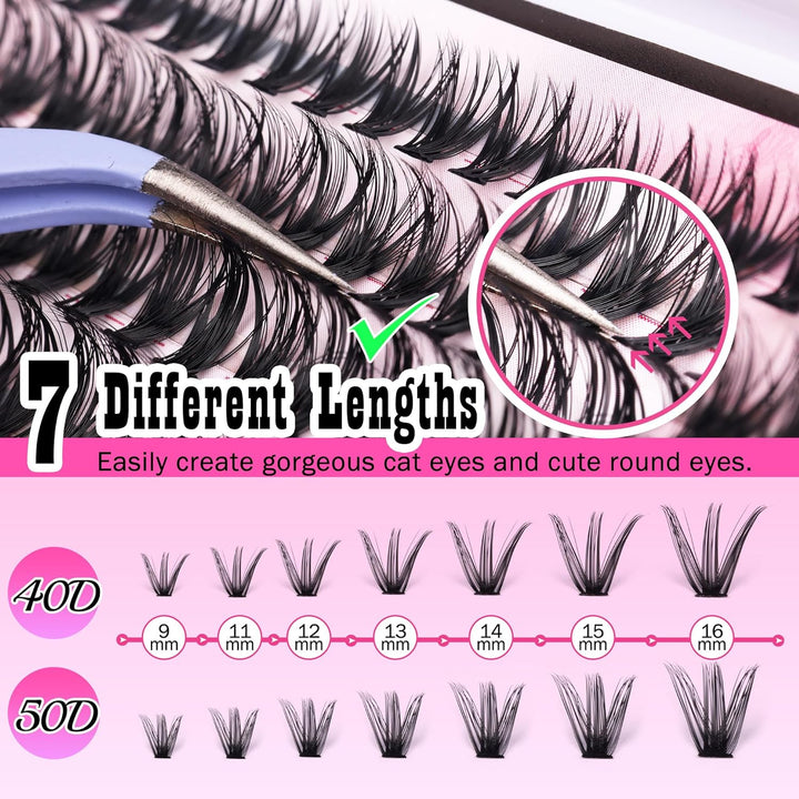 DIY Lash Extension Kit Volume Lash Clusters 40D+50D D Curvature Individual Lashes Lash Clusters Kit Thick Eyelash Extension Kit 280 Pcs Thin Band Cluster Lashes Lash Bond and Seal Tweezers
