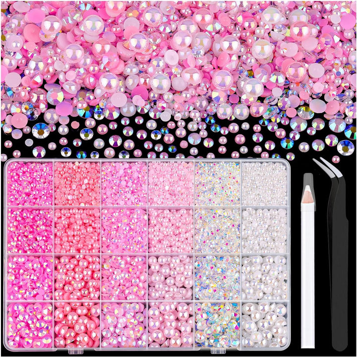 9000PCS Flatback Pearls and Pink Rhinestones for Bedazzling Kit, Pink White 3-10Mm Resin Rhinestones Gems and Half Pearls for Crafting, Nail Art and Grad Cap Decor with B7000 Jewelry Glue