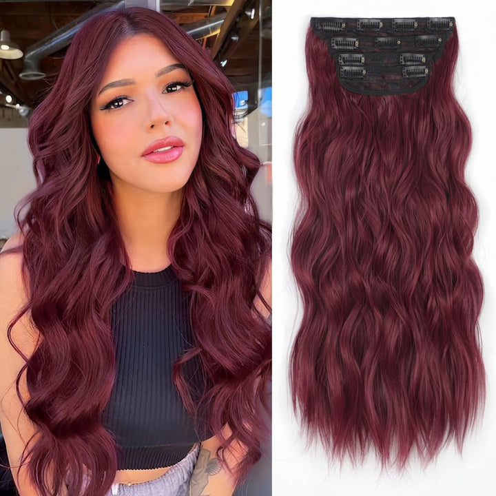 Clip in Long Wavy Synthetic Hair Extension 24 Inch Black 4PCS Thick Hairpieces Fiber Double Weft Hair for Women