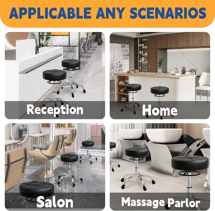 Heavy Duty 400Lb Rolling Stool: Super Soft Leather Seat Cushion, 360 Swivel, Height Adjustable, No Squeak, No Tip Over, Salon & Spa Stool (Black)