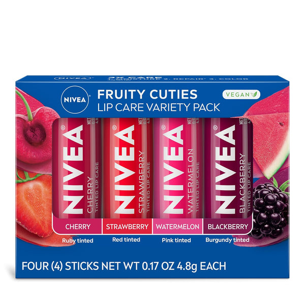 Lip Care, Fruity Tinted Lip Balm Variety Pack, Cherry, Strawberry, Blackberry and Watermelon Flavors, 3-In-1 Moisture, Repair and Color, 0.17 Oz Stick, Pack of 4