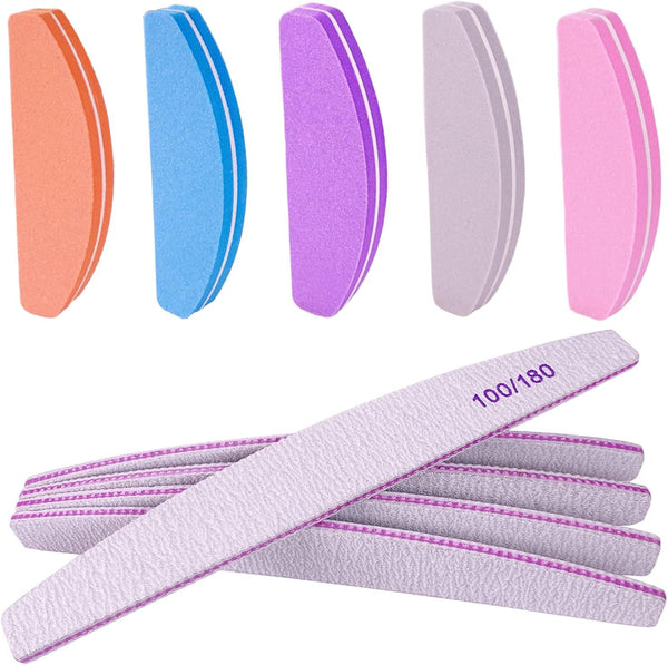 Nail File and Buffer (10 Pcs), Buffer Block Nail Files Double Sided 100/180 Grit for Acrylic and Natural Nails, Fingernail Emery Board Buffing Blocks Manicure Set Nail Care Kit Tool Halfmoon Arc