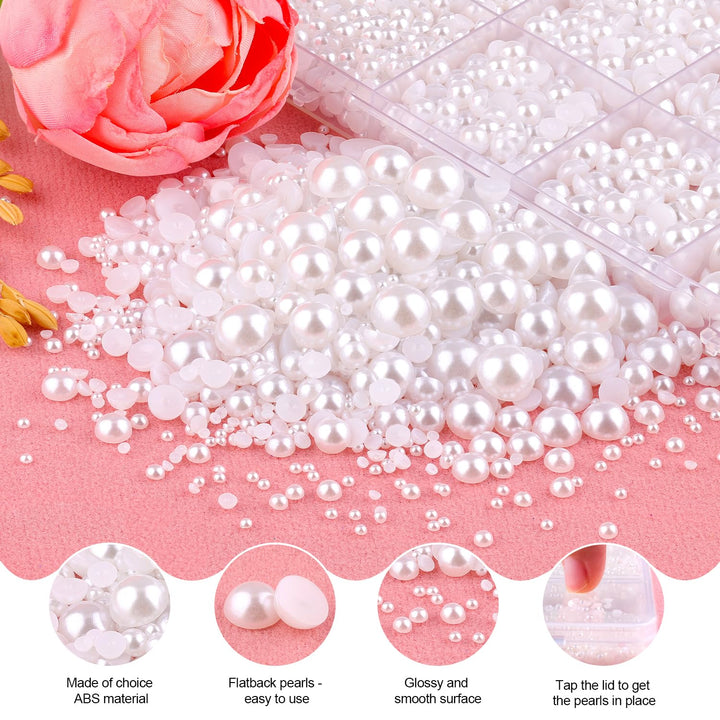 13000Pcs Flatback Pearls for Crafting (White), Assorted Size 2/3/4/5/6/8/10Mm Half Pearl Bead Gems with 3Pcs 10Ml B7000 Jewelry Glue, Bedazzling Kit for Crafts Shoes Graduation Cap Nail Art