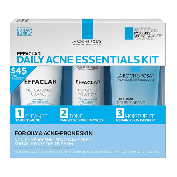 Effaclar Daily Acne Essentials Kit, Acne Treatment System, Salicylic Acid Acne Cleanser, Pore Refining Toner, & Matte Face Moisturizer for Oily Skin & Combination Skin, Oil-Free, 2 Month Supply