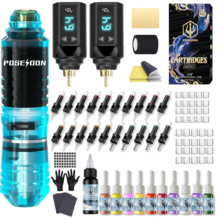Tattoo Gun Kit POSEIDON Tattoo Kit Pen Kit with 2Pcs 1500Mah Batteries Tattoo Machine Kit with 20Pcs Tattoo Cartridge Needles 11Pcs Tattoo Inks for Beginner