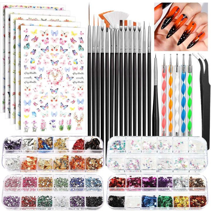 Nail Art Brushes Set, Nail Art Kit, Nail Design Kit, Nail Art Dotting Pens, Nail Stickers, Butterfly Nail Art Sequins, Nail Foils, Nail Art Flakes Iridescent, Rhinestones for Nails