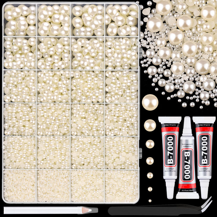 13000Pcs Flatback Pearls for Crafting (White), Assorted Size 2/3/4/5/6/8/10Mm Half Pearl Bead Gems with 3Pcs 10Ml B7000 Jewelry Glue, Bedazzling Kit for Crafts Shoes Graduation Cap Nail Art