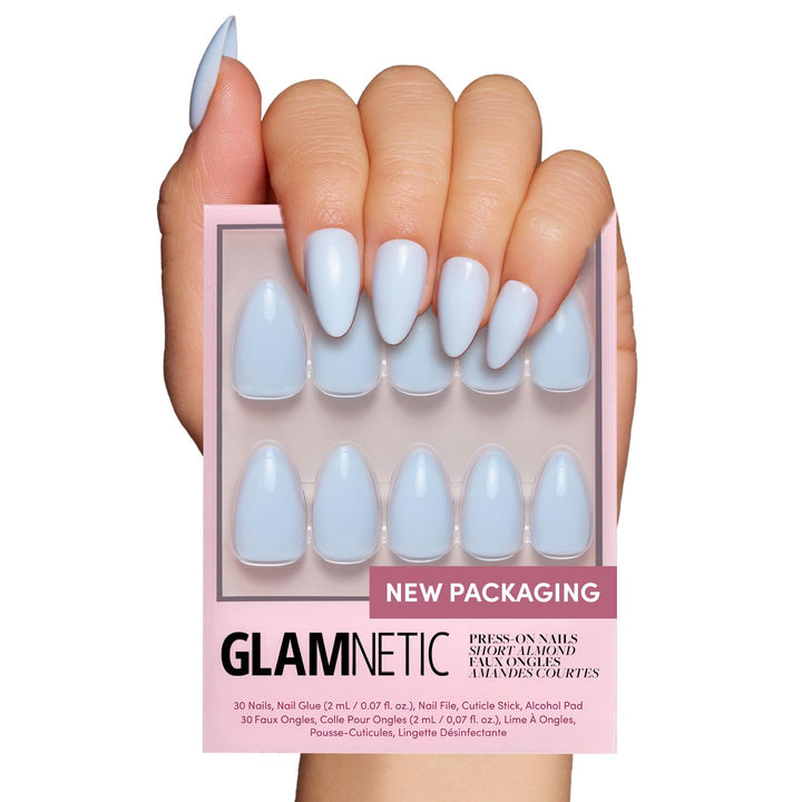 Press on Nails - Madamn | French Tip Nails, UV Finish Short Pointed Almond Shape, Salon Quality Semi-Transparent Nails in 12 Sizes - 24 Nail Kit with Glue