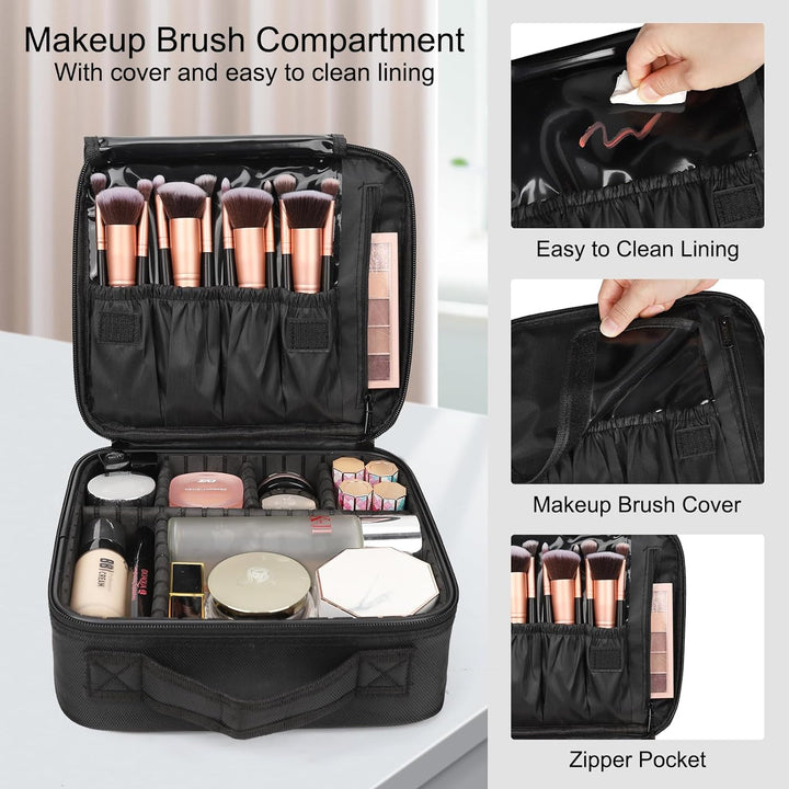 Travel Makeup Train Case Makeup Cosmetic Case Organizer Portable Artist Storage Bag with Adjustable Dividers for Cosmetics Makeup Brushes Toiletry Jewelry Digital Accessories Black