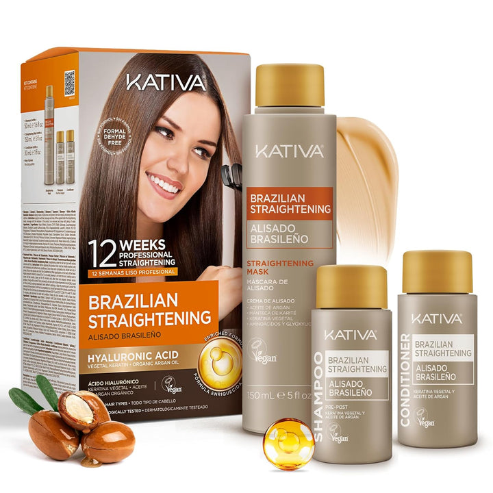 Brazilian Straightening Kit, 12 Weeks of Home Use Professional Straightening, with Organic Argan Oil, Shea Butter, Keratin & Amino Acids, for Straighter, Softer and Shinier Hair, All Hair Types