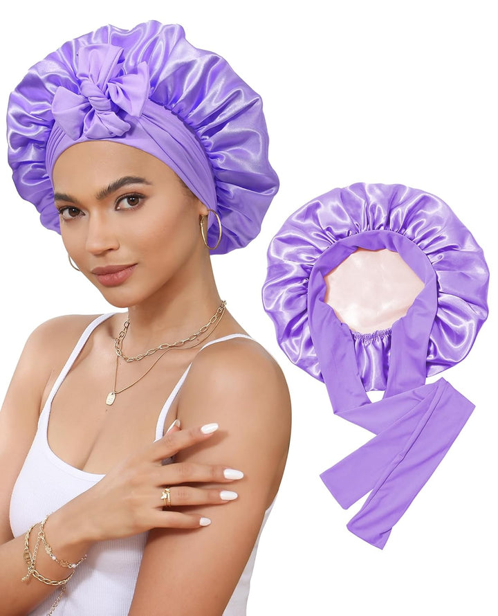 Satin Bonnet for Sleeping Cap Double Layer Hair Bonnet with Elastic Tie Band for Curly Hair Night Cap (Bean Paste + Pink)