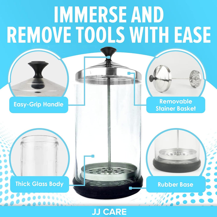 Disinfectant Jar (21 Oz) - Barber Disinfectant Jar Glass, Sanitizer Container W/Stainless Steel Removable Strainer & Cap for Manicure, Salon, Spa and Barber Tools - Black Lid