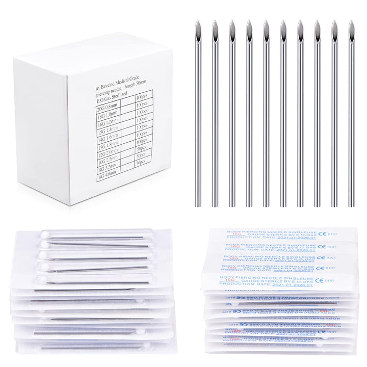 50PCS Mixed Body Piercing Needles, 12G 14G 16G 18G 20G Disposable Sterile Stainless Steel Piercing Needles for Ear Nose Navel Belly Nipple Tongue Lip Piercing