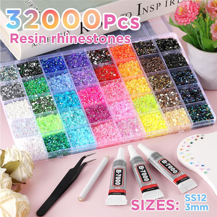 40 Colors Resin Jelly Rhinestones for Bedazzling, 3Mm 32000 Pcs Flatback Gems for Crafting, Bedazzling Kit with 3Pcs B7000 Glue for Clothing Shoes Nail Book Diamond Art