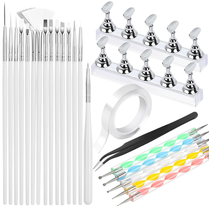 Nail Art Tools, Nail Brush, 15 PCS Nail Art Brushes, 5 PCS Nail Dotting Tool, Nail Stand, Nail Holder for Painting Nails, Press on Nail Stand, Nail Tools, Nail Design Tools
