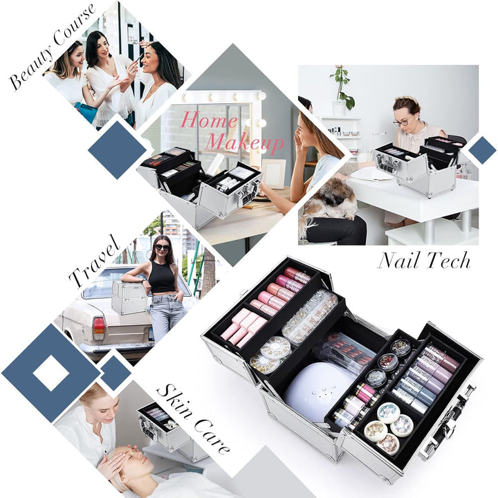 Makeup Train Case Makeup Organizer Box Portable Cosmetic Travel Case with Lock 4 Trays Aluminum Hard Vanity Box Make up Artist Nail Beauty Storage Organizer Cosmetic Suitcase Bright Silver