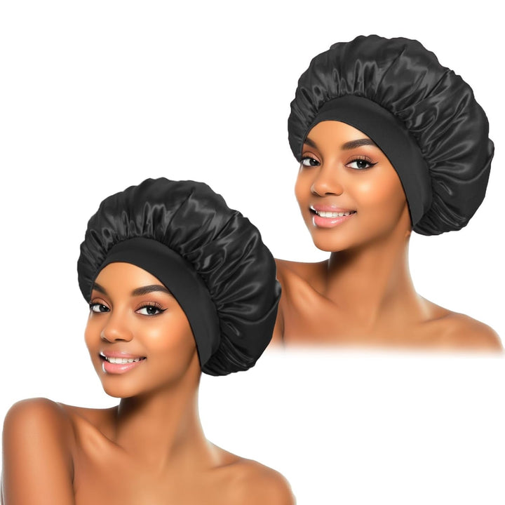 2Pcs Silk Bonnet for Sleeping, Satin Hair Bonnets, Soft Elastic Band Silk Sleep Cap, Hair Wrap for Women (Black Gold)