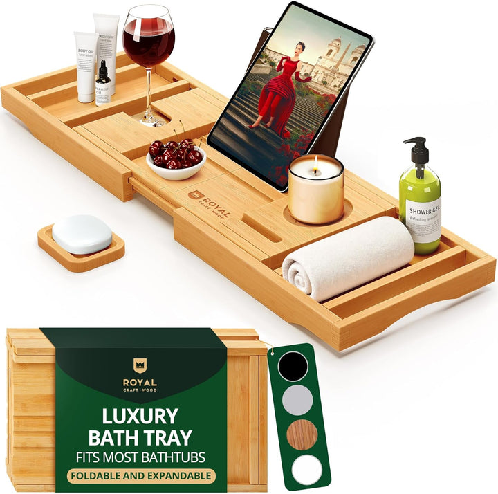 Premium Foldable Bathtub Tray Caddy - Wood Bath Tray for Tub, Bamboo Shelf, Expandable Bath Table Trays, Bathtub & Bathroom Accessories for New Home & Mothers, Birthday Gifts for Mom