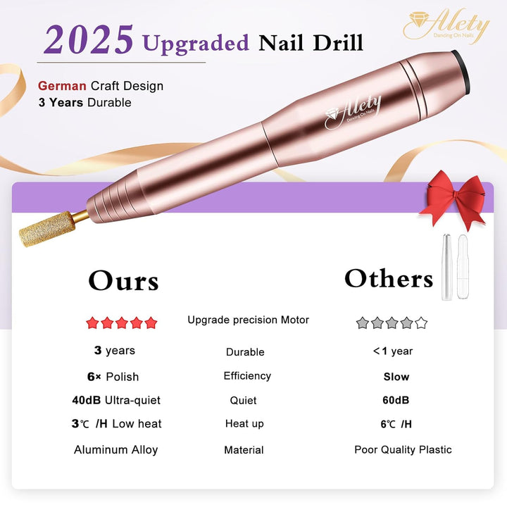 Electric Nail Drill Kit - Portable File for Acrylic Gel Nails, Professional Machine Efile Manicure Pedicure Tools with Gold Drill Bits for Home Salon Use